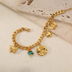 EILIECK Women's Fashion Retro Multi-Charm Chain Bracelet Gold Color Stainless Steel Flower Heart Butterfly Charm Bangle Jewelry