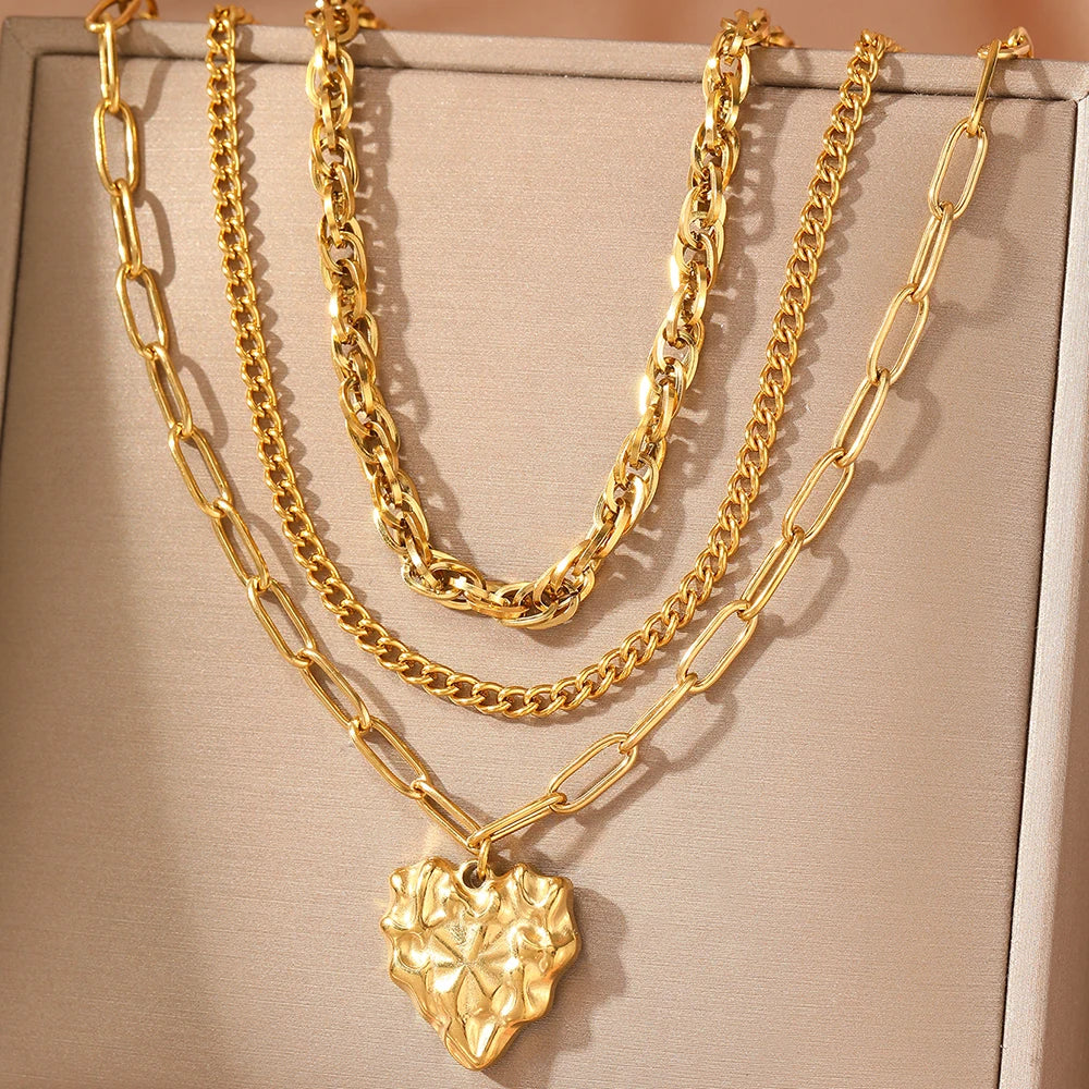 Stainless Stee Necklaces Asymmetric Heart Pendant Multilayer Chain Atmospheric Necklace For Women Jewelry Anniversary New Gifts