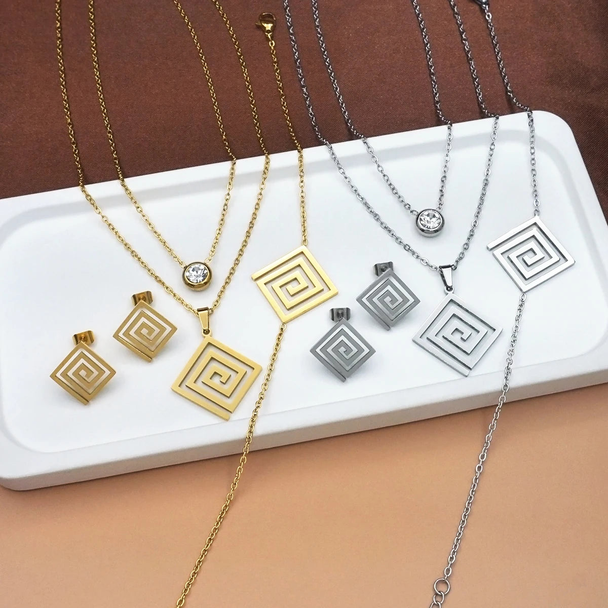 Women's Square Maze Double Layer Necklace Bracelet Earrings Jewelry Set, Birthday Valentine's Day Gift for Her, Perfect for Part