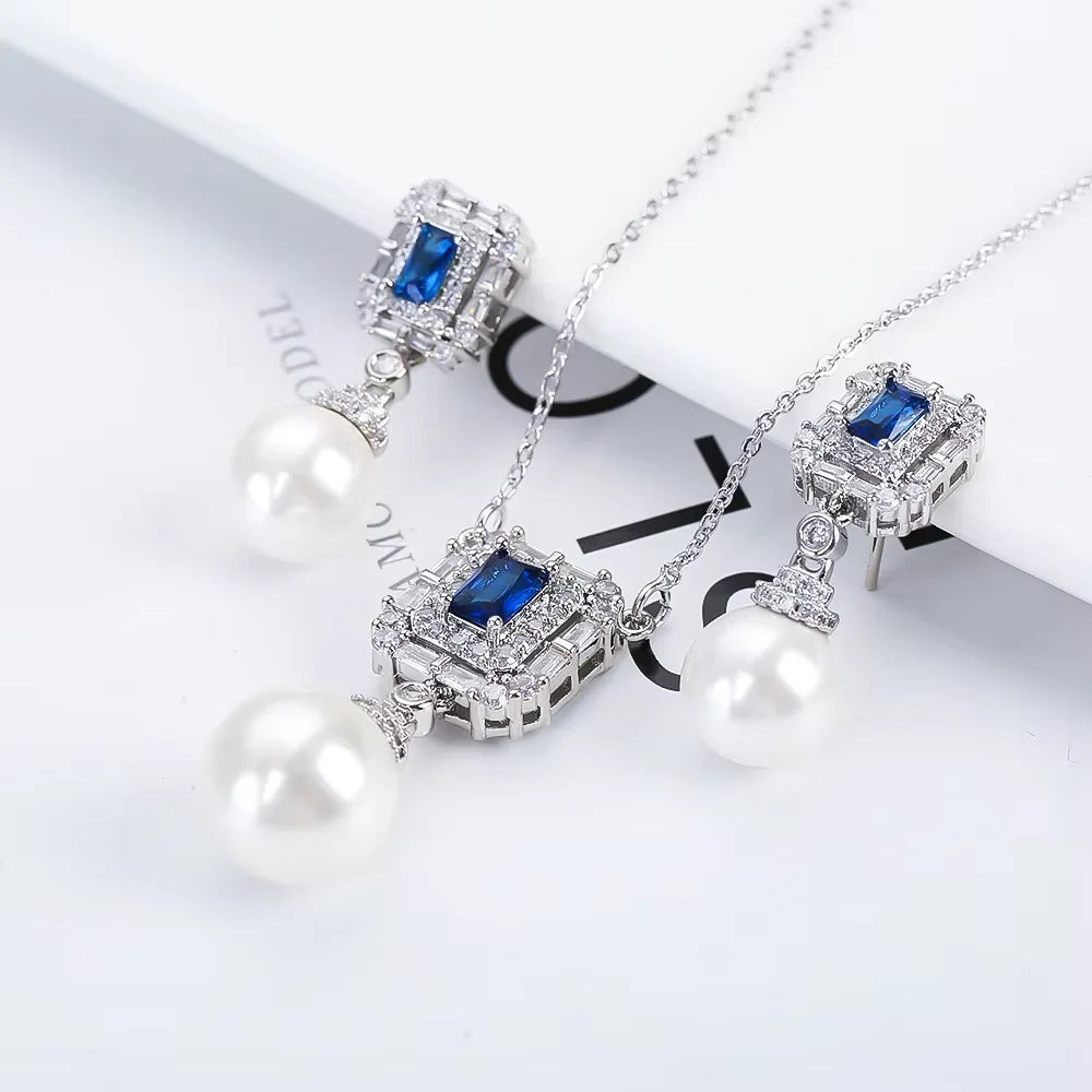 Luxury New Design Simple Irregular Pearl Classic Retro Pendant Necklace Earring Jewelry Set 18K Gold Plated Square Crystal Women
