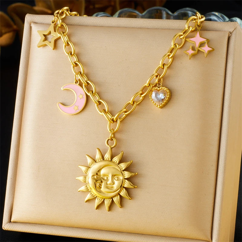 LAMENGLY 316L Stainless Steel Dopamine 5-Leaf Flower Bow Sun Heart  Cherry Necklace Women's Novel Chic Neck Chain Holiday Gifts