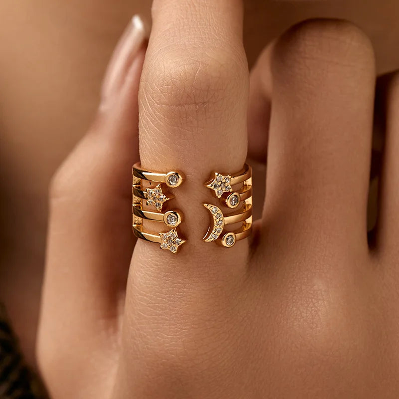 Personalized 18k Gold Plated Exquisite Zircon Ring with Opening Design European American Style Elegant Women Finger Ring