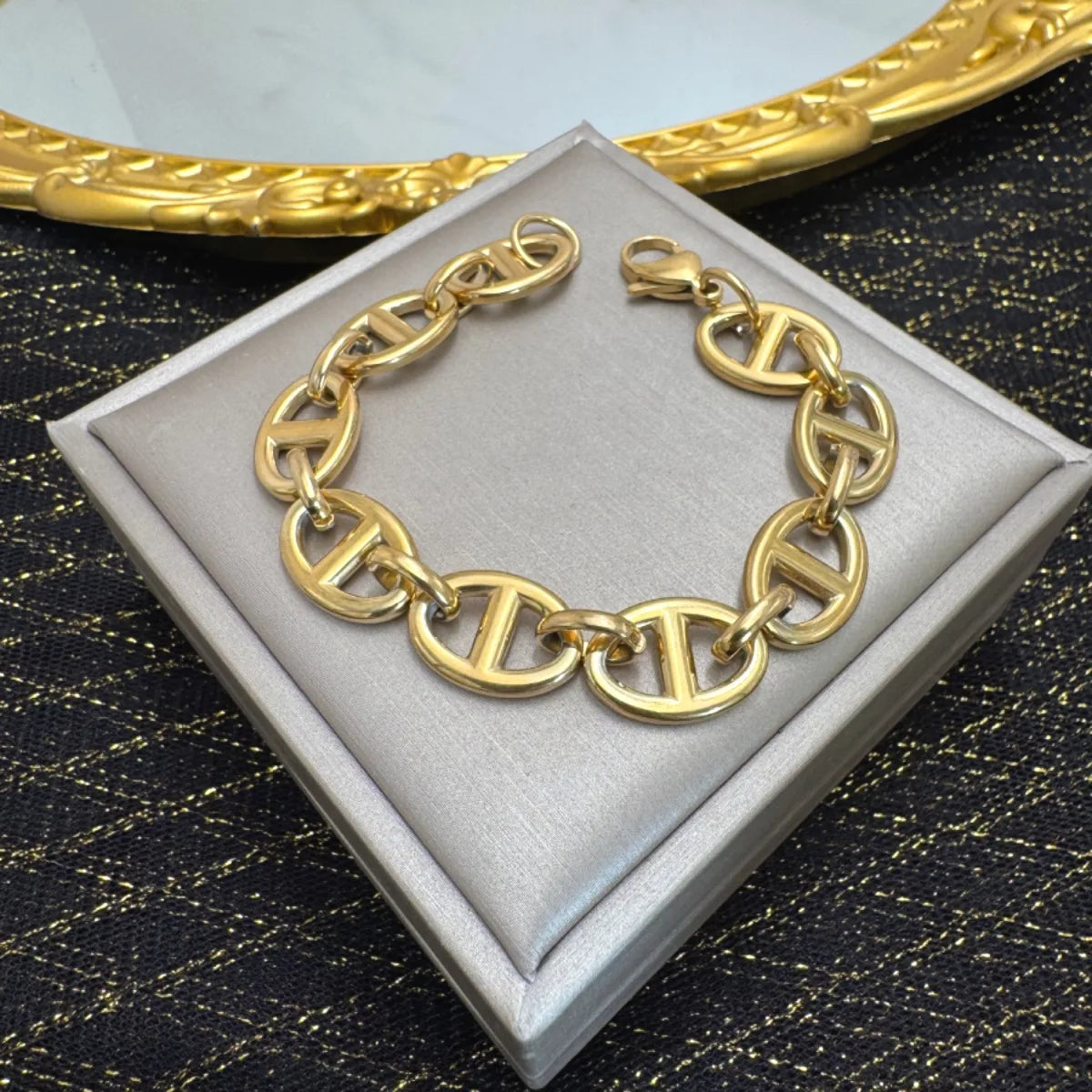 Stainless Steel Gold-Color Wide Skeleton Bangle Bracelet
