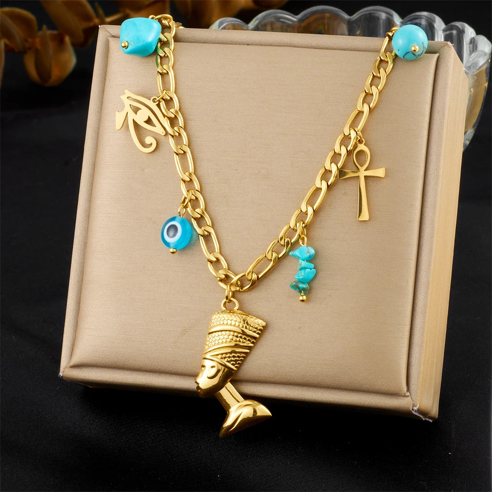 DIEYURO 316L Stainless Steel Golden Heart Flower Turquoise Multi Pendant For Womnen New Trend Chain Rustproof Jewelry Party Gift