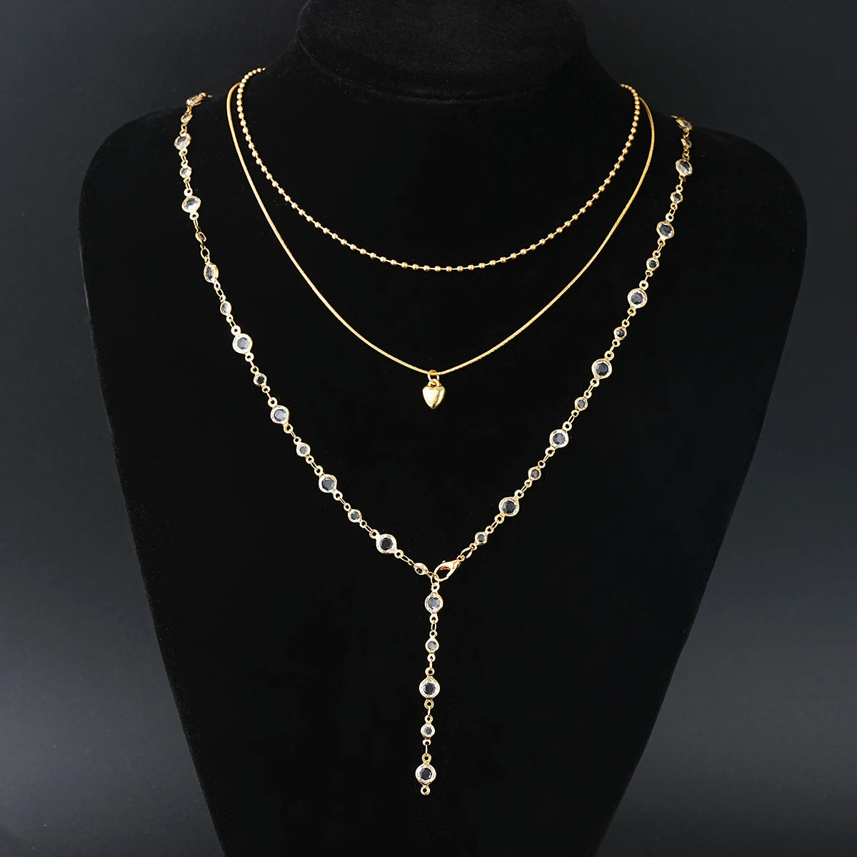 Vintage Heart Beads & Crystal Y-Shaped Tassel Necklace Set, 3 Pcs/Set
