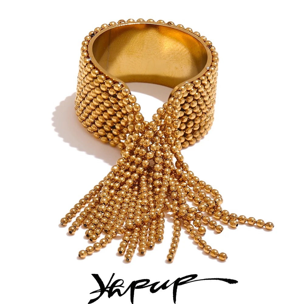 Bague de doigt réglable en acier inoxydable Yhpup avec chaîne et pompon, plaqué or 18 carats PVD, breloque de haute qualité, bijoux dorés élégants