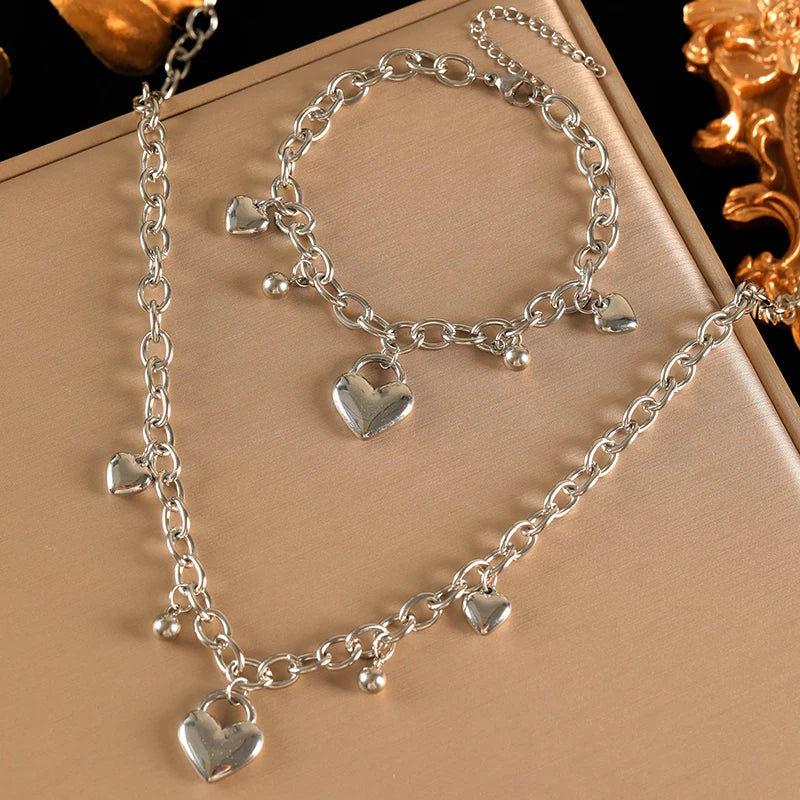 EILIECK 316L Stainless Steel Metal Heart Beads Charms Necklace Bracelet Set For Women Fashion Statement Waterproof Jewelry Gift