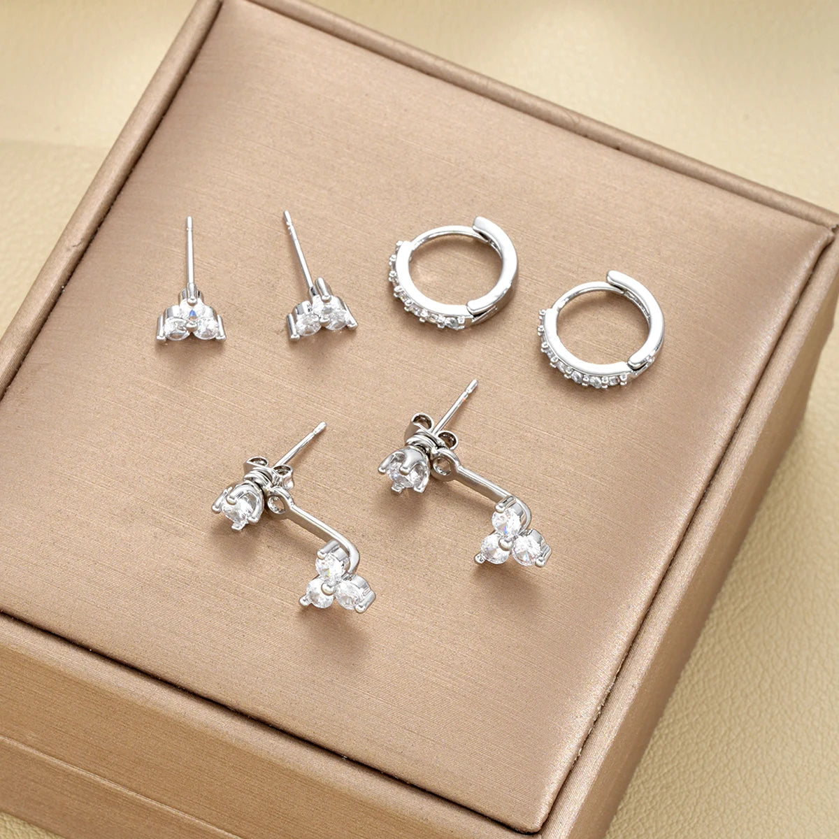 Geometric Irregular Zircon & Floral Hoop Stud Earrings Set, 6 Pcs/Set