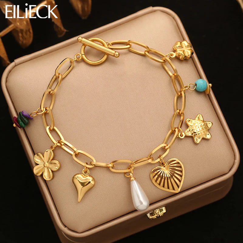 EILIECK 316L Stainless Steel Heart Flower Pearl Charms Bracelet For Women Gold Color OT Clasp Hand Chain Holiday Gift