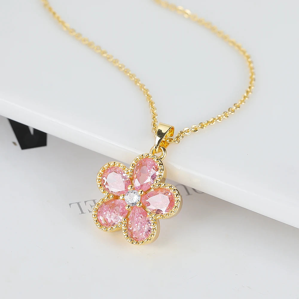 2PC Glass Crystal New Sweet Pendant Necklace Earrings Plum Blossom Five Leaf Flower Luxury Plant Women's Gift Clover