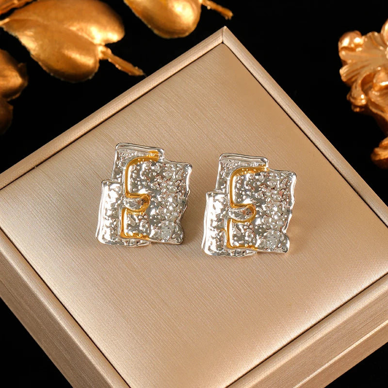 EILIECK 316L Stainless Steel Metal Two-Color Geometric Stud Earrings For Women Trendy High-Quality Waterproof Earring Jewelry