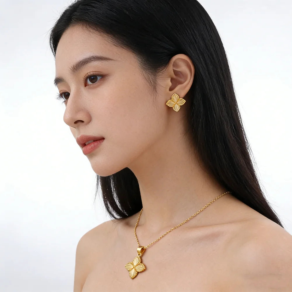 Gold Color Lucky Clover Pendant Necklace Earrings for Women Fine Stainless Steel Jewelry Set for Wedding New Concise Party Gifts