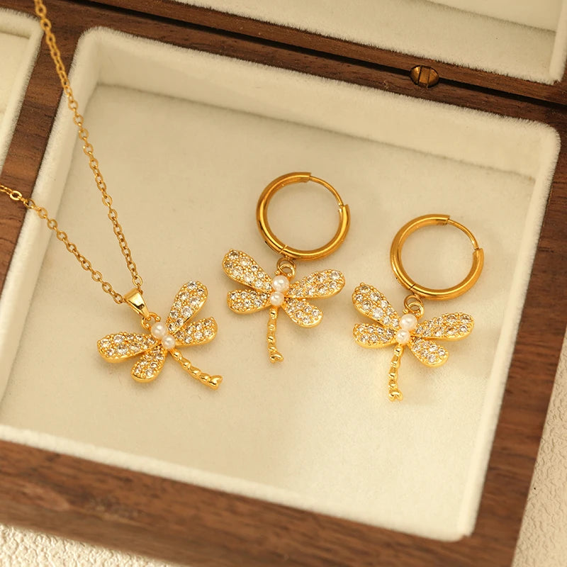 EILIECK 316L Stainless Steel Dragonfly Rhinestone Pearl Necklace Earrings Set For Women Trendy Gift Luxury Waterproof Jewelry