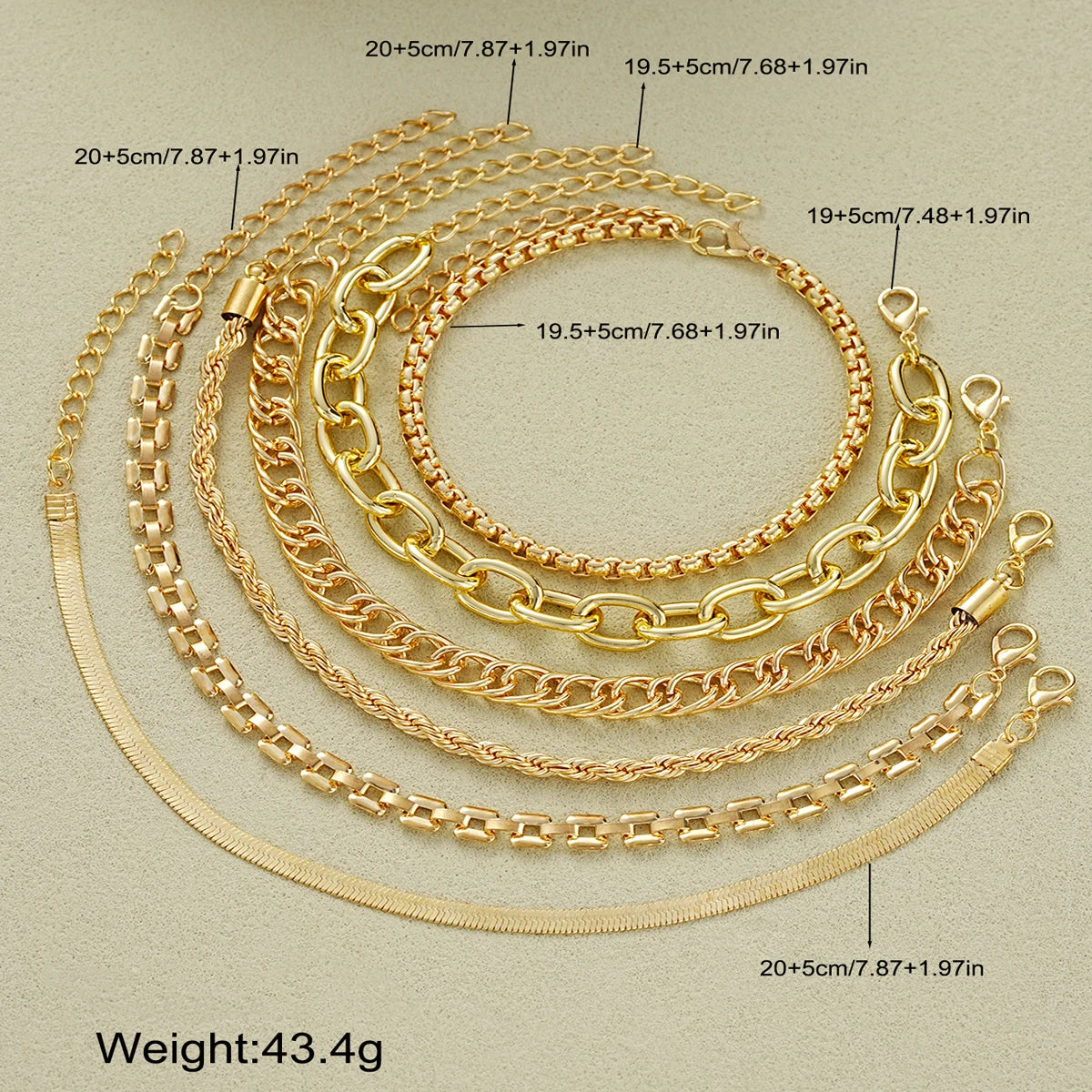 Simple Chunky Twisted Cuban Chain Metal Bracelet Set, 6 Pcs/Set