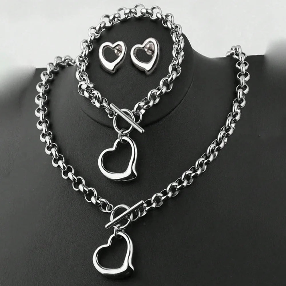 Aomogo Set INS Exquisite Love Fashion Stainless Steel Bracelet Earrings Necklace Pendant Set Women's Daily Goods Party Favors