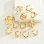 Bohemian Irregular Gold Color Flower & Pearl Opening Rings Set, 12 Pcs/Set