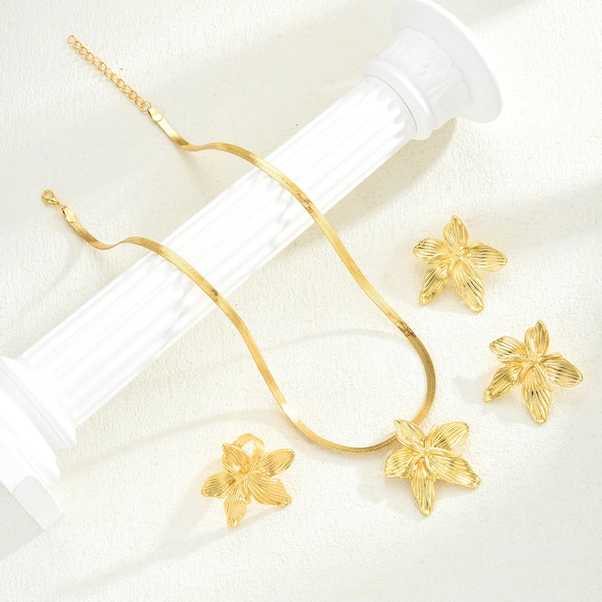 Vintage French Elegant Exaggerated Gold Color Flower Necklace, Earring & Ring Set