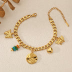 EILIECK Women's Fashion Retro Multi-Charm Chain Bracelet Gold Color Stainless Steel Flower Heart Butterfly Charm Bangle Jewelry