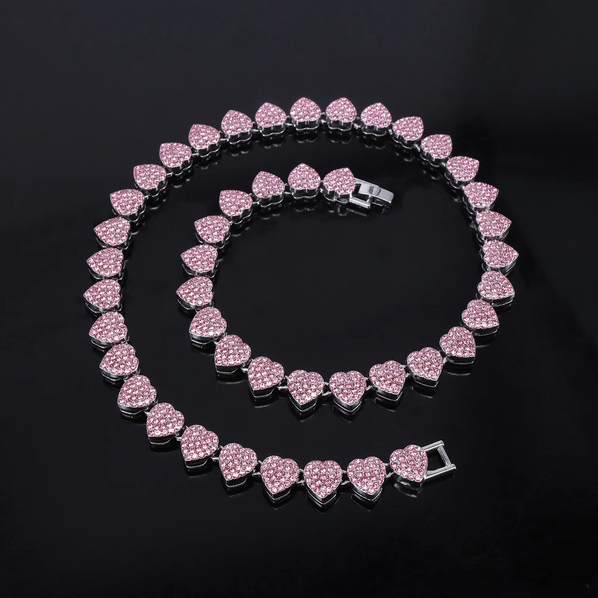New 11mm Width Heart Hip Hop Pink & Clear Rhinestone Chain Jewelry