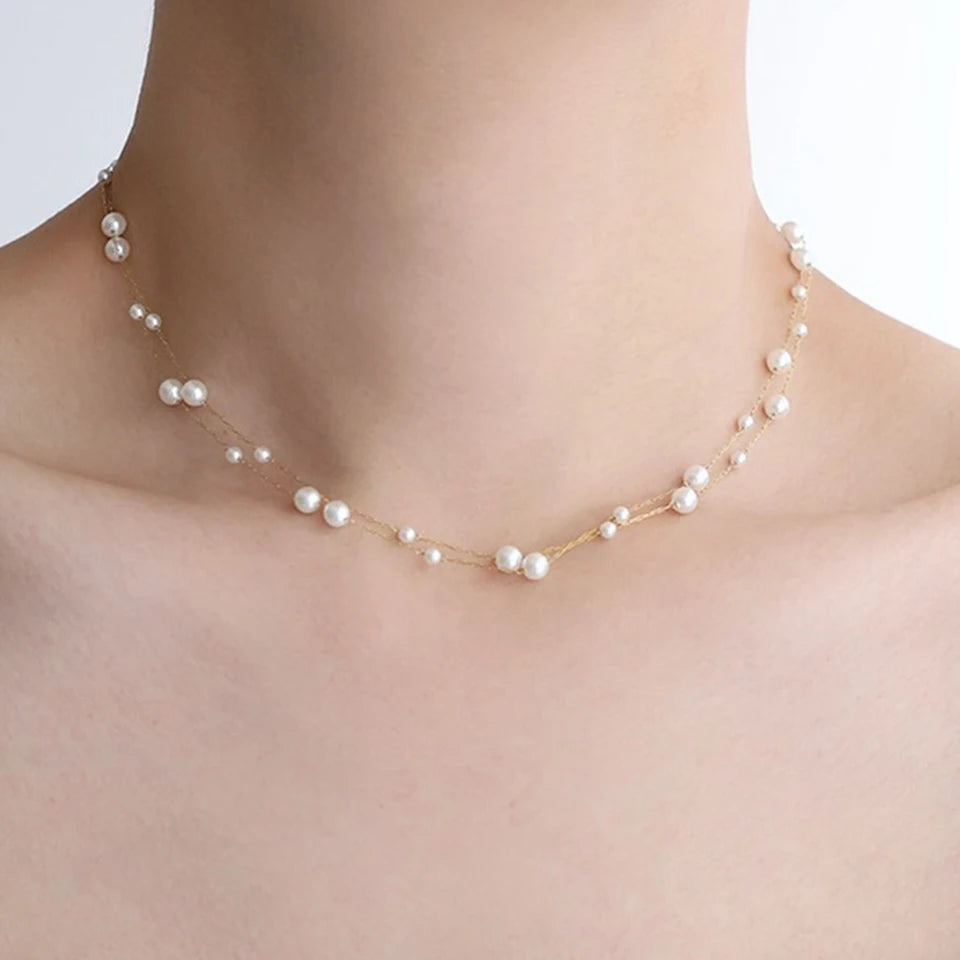 Stainless Steel Waterproof Temperament Pearl Chain Choker Necklace