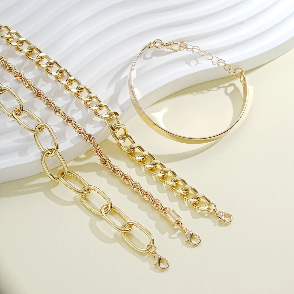 Simple Punk Chunky Chain & Dainty Boho Charm Bracelet Set, 4 Pcs/Set