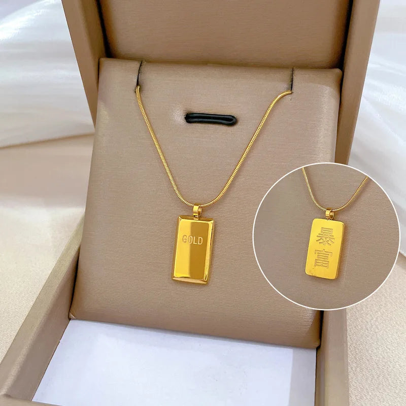 Bullion Bar Necklace Stainless Steel Necklaces Golden Cube Brick Pendant For Women Men Geometric Choker Gold Color Jewelry Gift