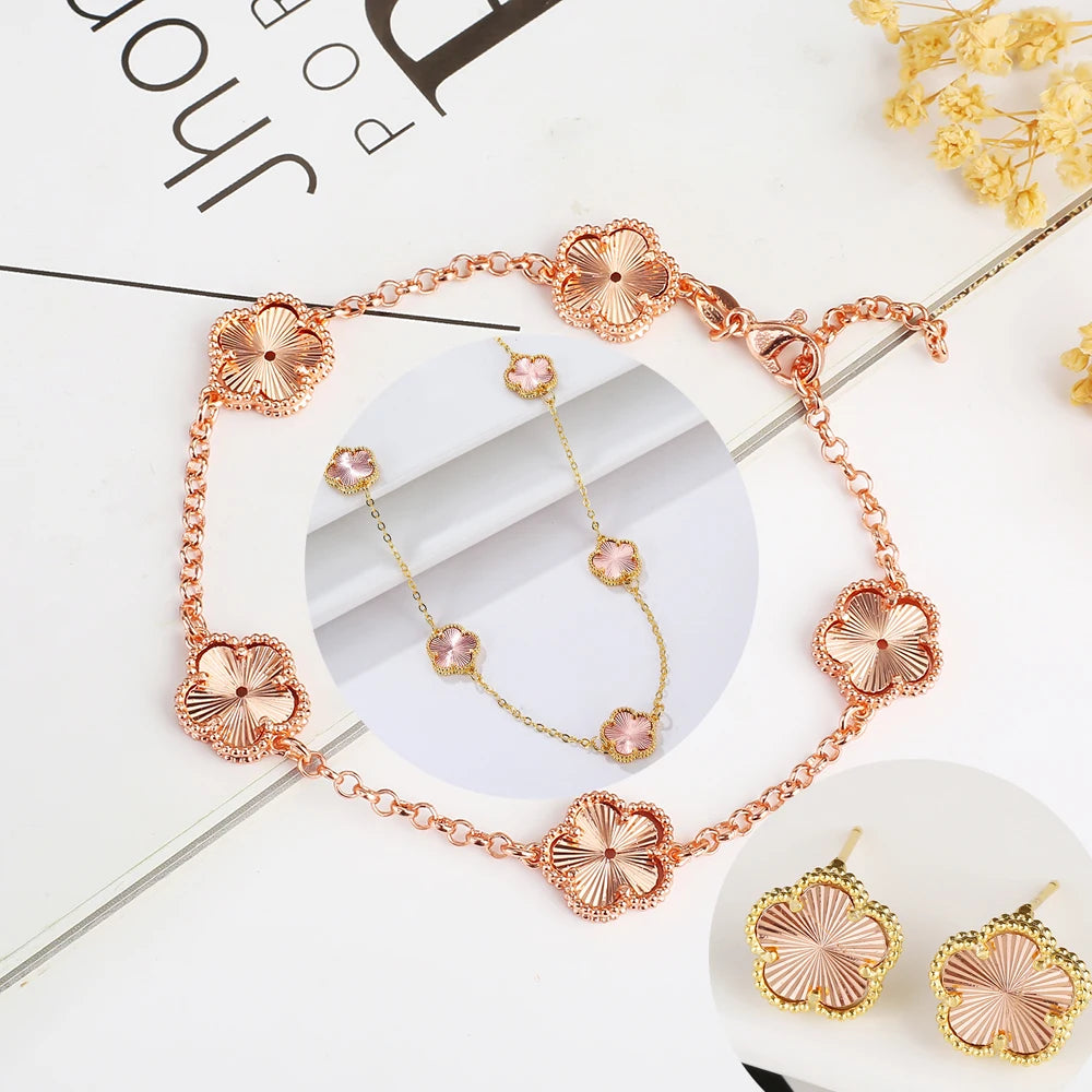 Hot Sale 14 Colors Five-Leaf Flower Set Bracelet Necklace Classic Simple Women Jewelry Set Suitable For Daily Party Wear Clover