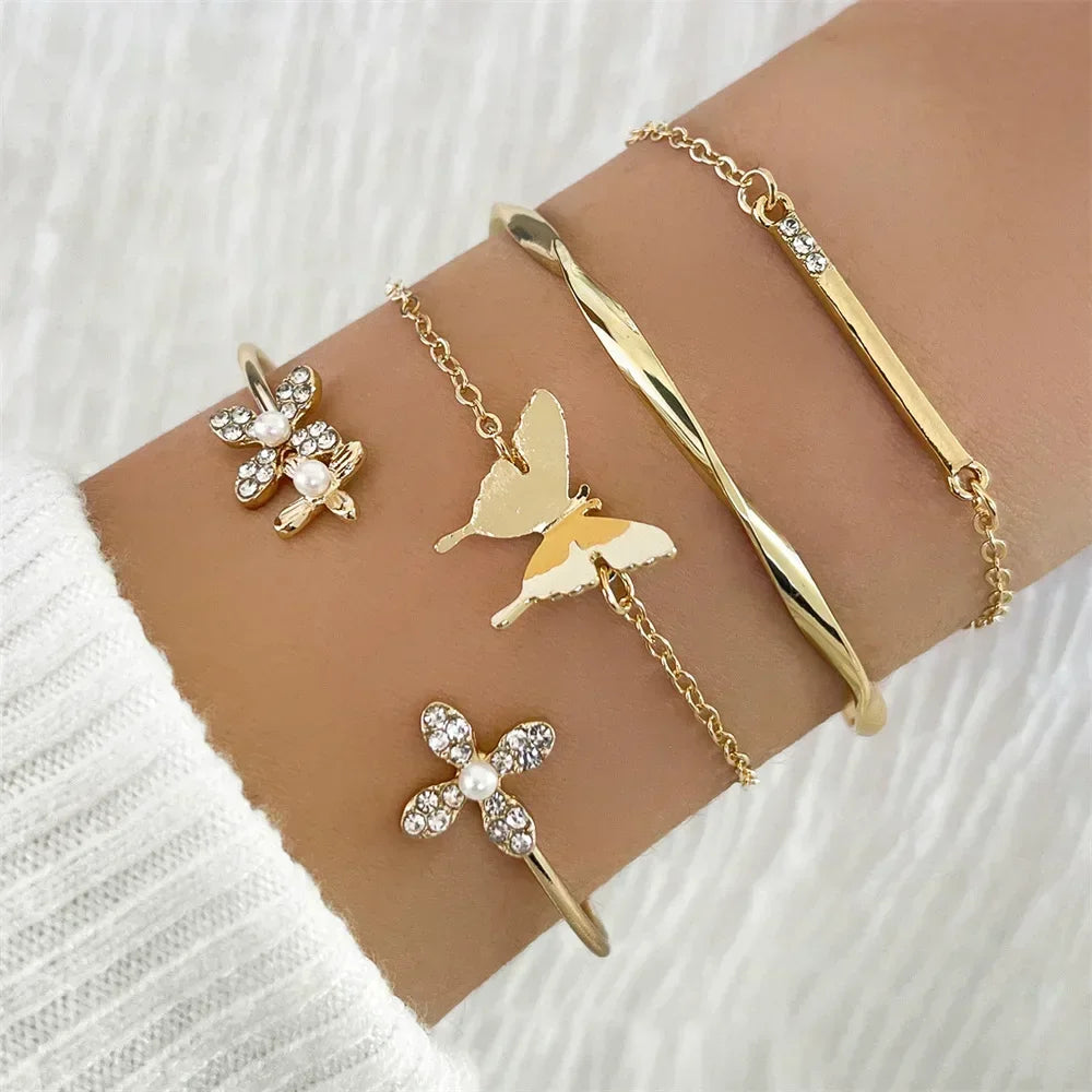 Vintage Simple Hollow Out Zircon Oval Chain Metal Bracelet Set for Woman Fashion Accessories Personalization Punk Charm Jewelry