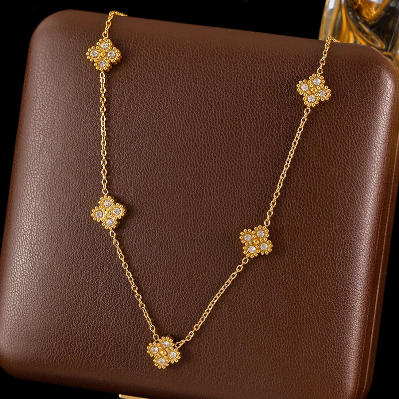 GANEMLY 316L Stainless Steel Flower Zirconia Bracelet Necklace Earrings Set Charm Metal Texture 18K Gold Plated Jewelry Women