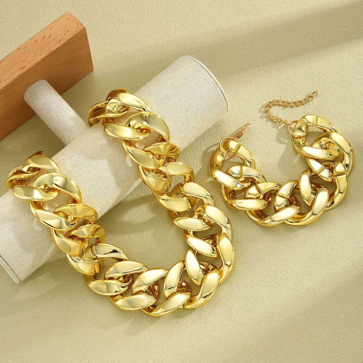 Vintage Chunky Gold Color Cuban Chain Jewelry Set, 2 Pcs/Set