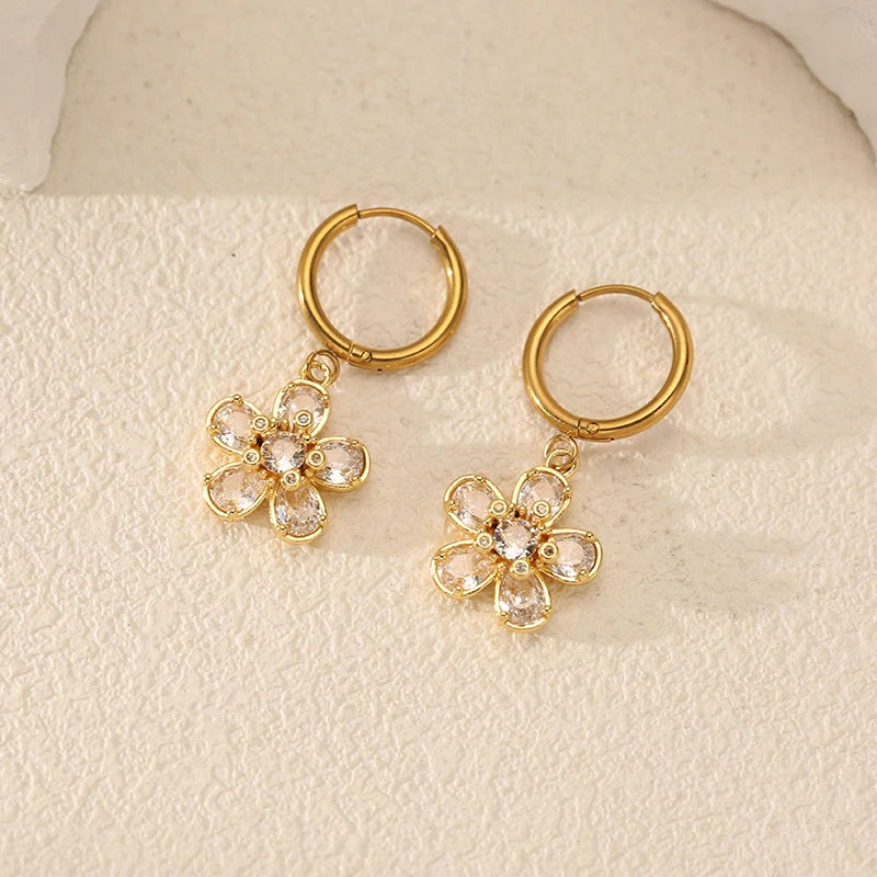 EILIECK Women's Luxury Flower Crystal Zircon Dangle Earrings 18K Gold PVD Plated Stainless Steel Fashion Ear Jewelry Gift Gift