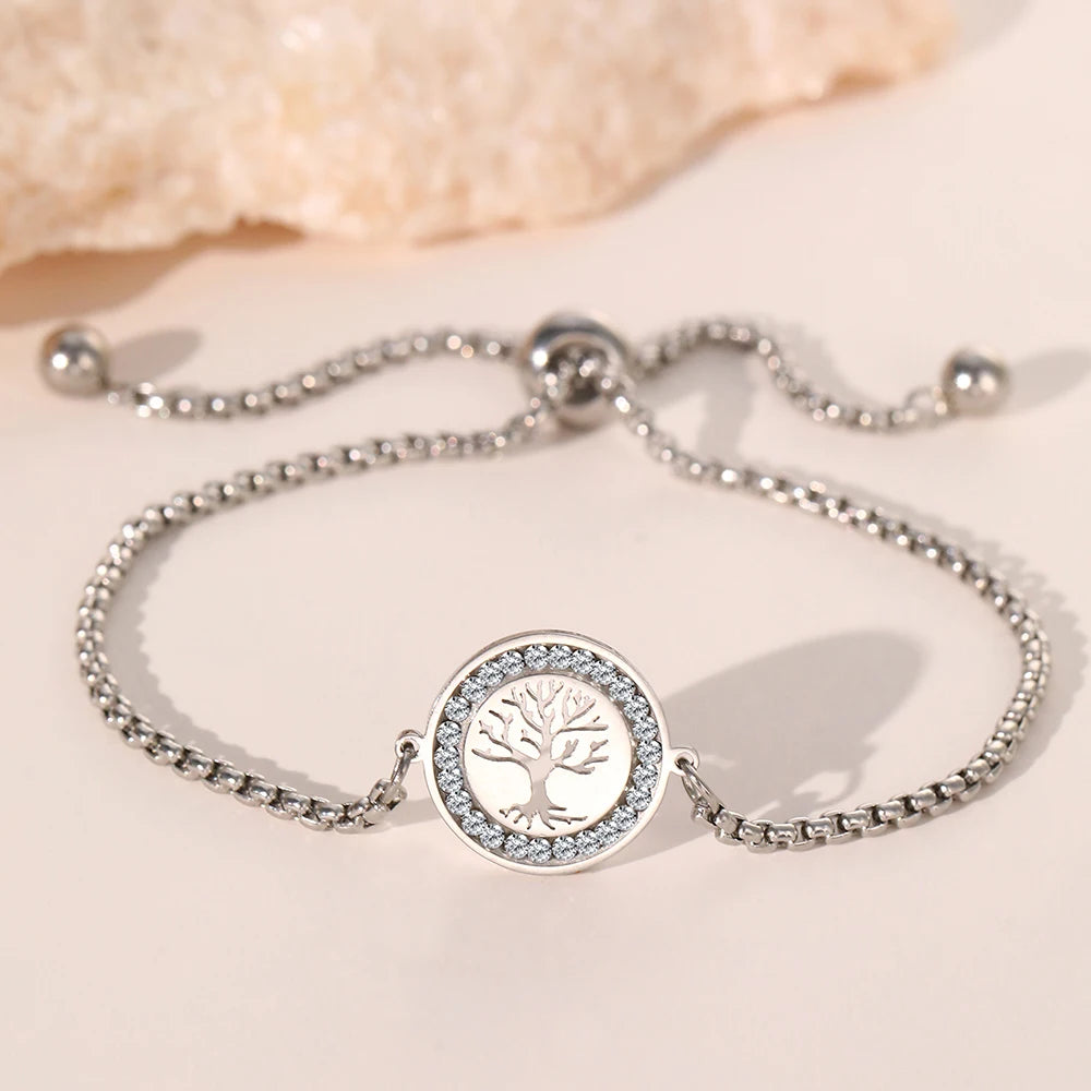 DOTIFI Stainless Steel Bracelets Exquisite Tree of Life Crystal Pendant Chain Trendy Bracelet For Women Jewelry Non-fading