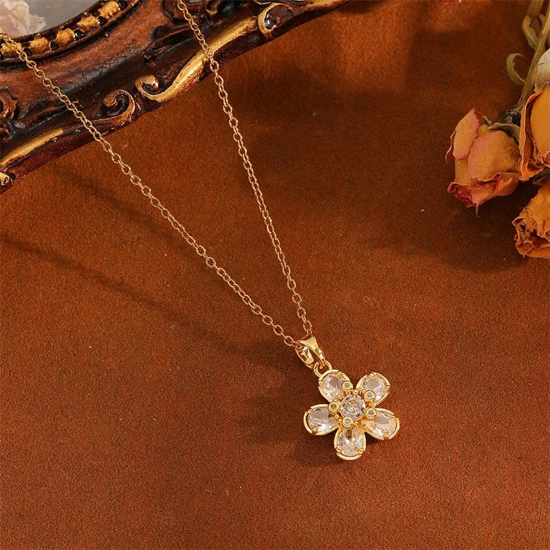 EILIECK Shiny Cubic Zirconia Flowers Luxury Necklace Earrings Gold Color Platinum Plated Temperament Waterproof Jewelry New