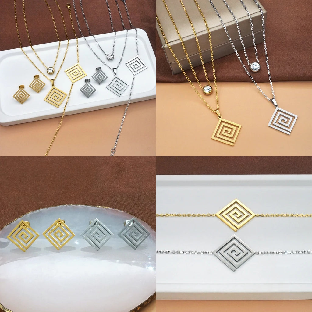Women's Square Maze Double Layer Necklace Bracelet Earrings Jewelry Set, Birthday Valentine's Day Gift for Her, Perfect for Part