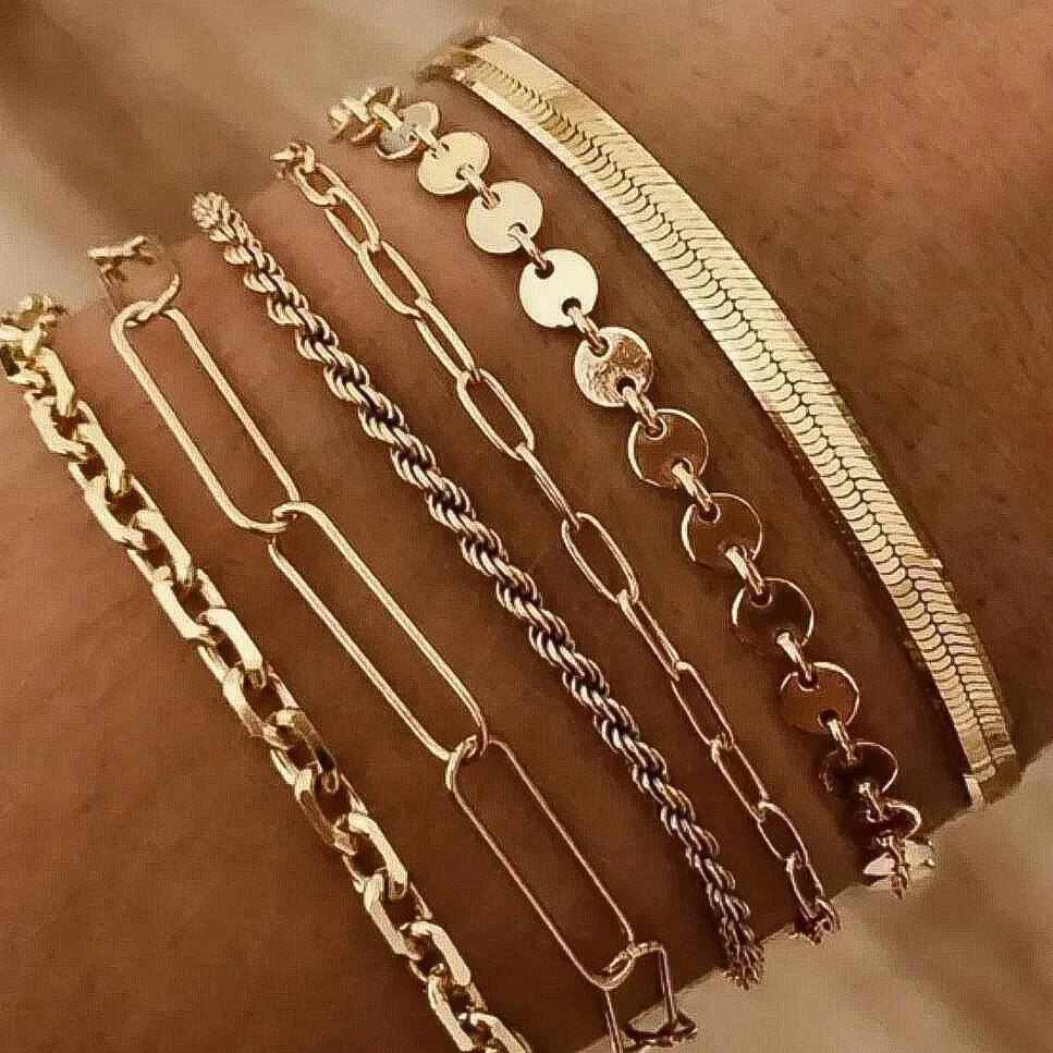 6Pcs Simple Punk Gold Chunky Multi-Layer Link Chain Bracelet Set