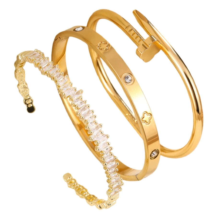 3PCSRomantic irregular zircon bracelets paired with flower-patterned stainless steel bracelets are perfect for ladies' jewelry