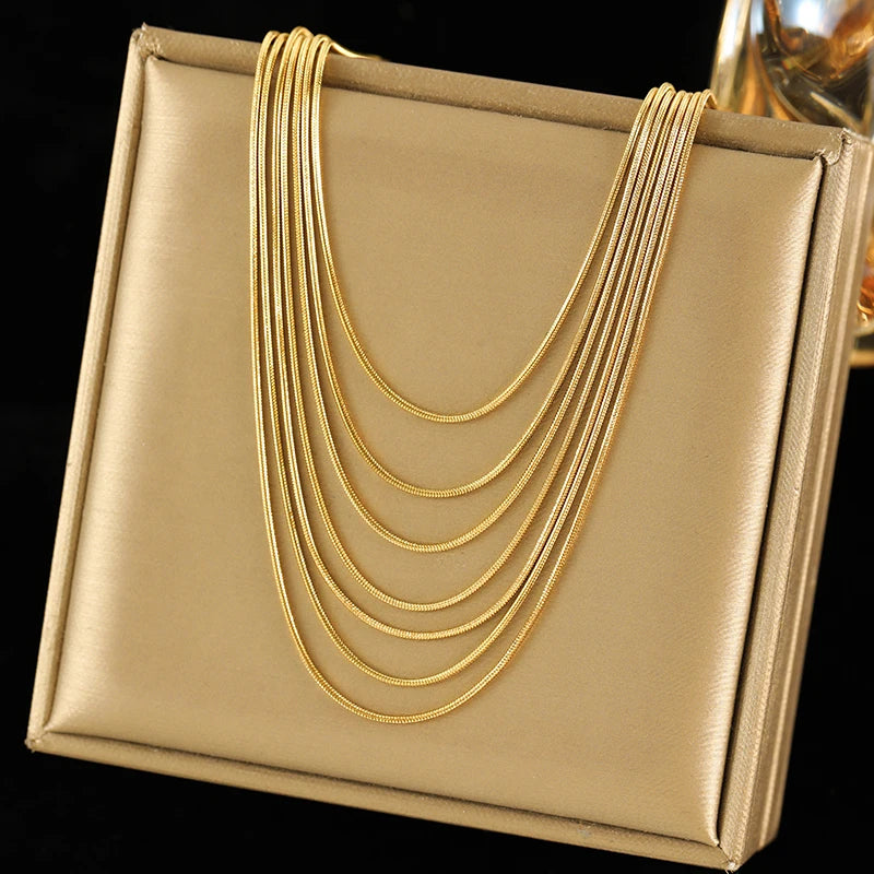 EILIECK 316L Stainless Steel Metal Long Layered Chain Necklace For Women Fashion Collar Neck Chain Waterproof Jewelry Lady Gift