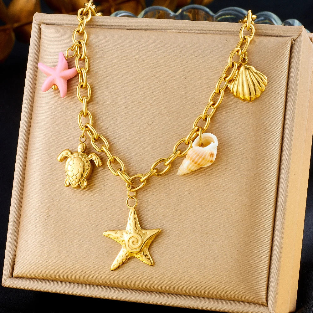 DIEYURO 316L Stainless Steel Golden Heart Sun Multiple Pendants Necklace Women New Fashion Marine Style Neck Chain Jewelry Gift