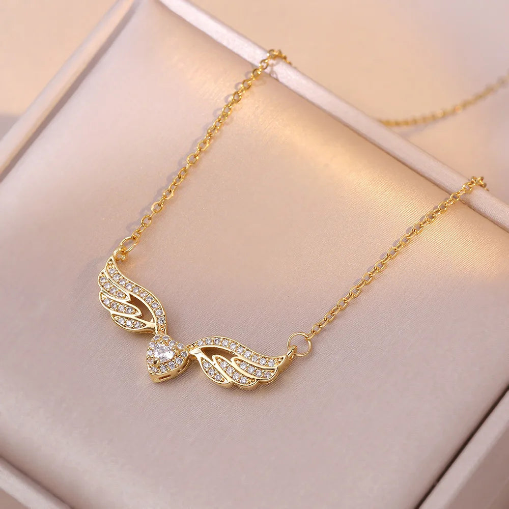 Trendy Gold-Color Stainless Steel Dragonfly Wings Crystal Necklace