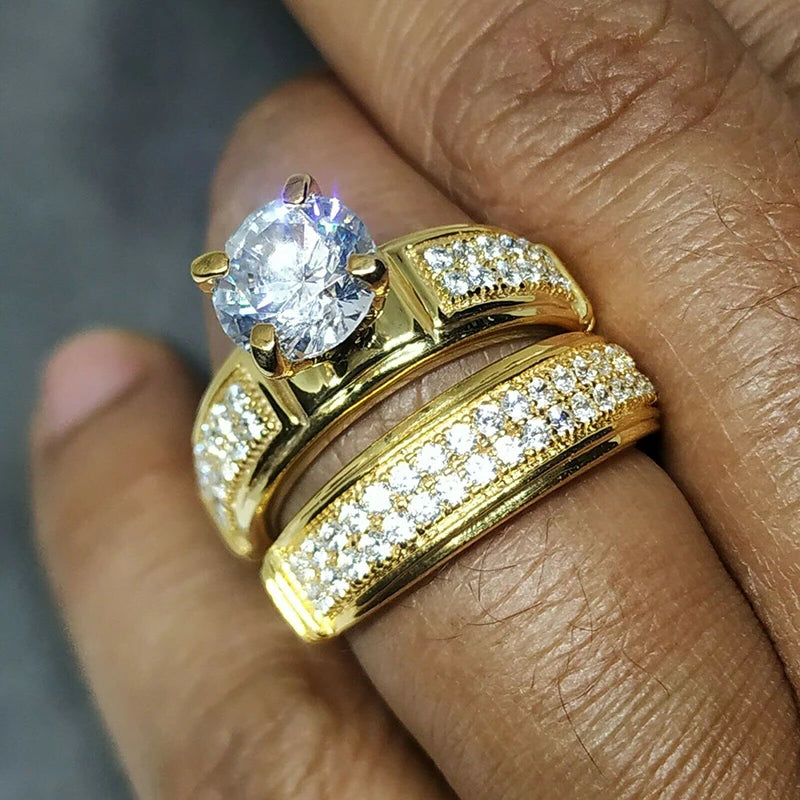 Huitan 2023 Trends Wedding Couple Rings for Women/Men Luxury Gold Color Marriage Engagement Lover Rings Modern Fashion Jewelry