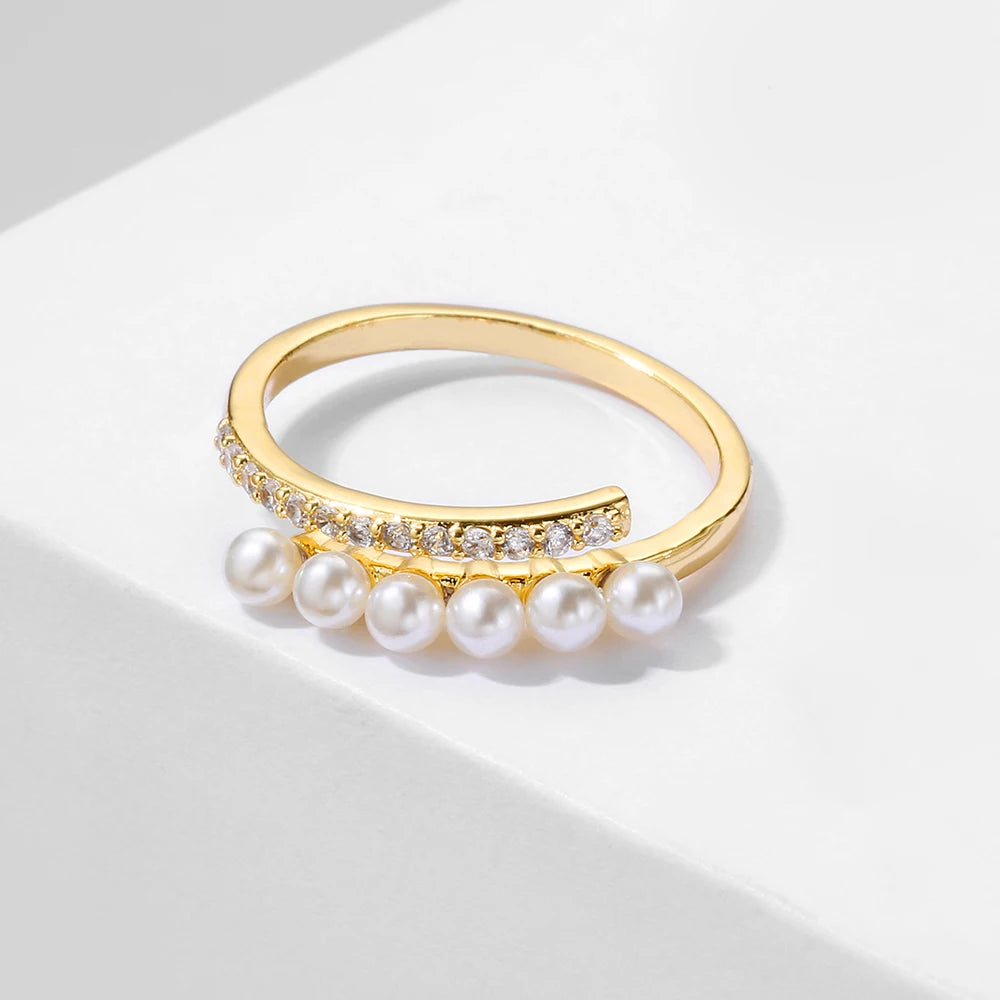 Korean Fashion Gold-Color Round Small Pearl & Shiny Zircon Minimalist Open Ring