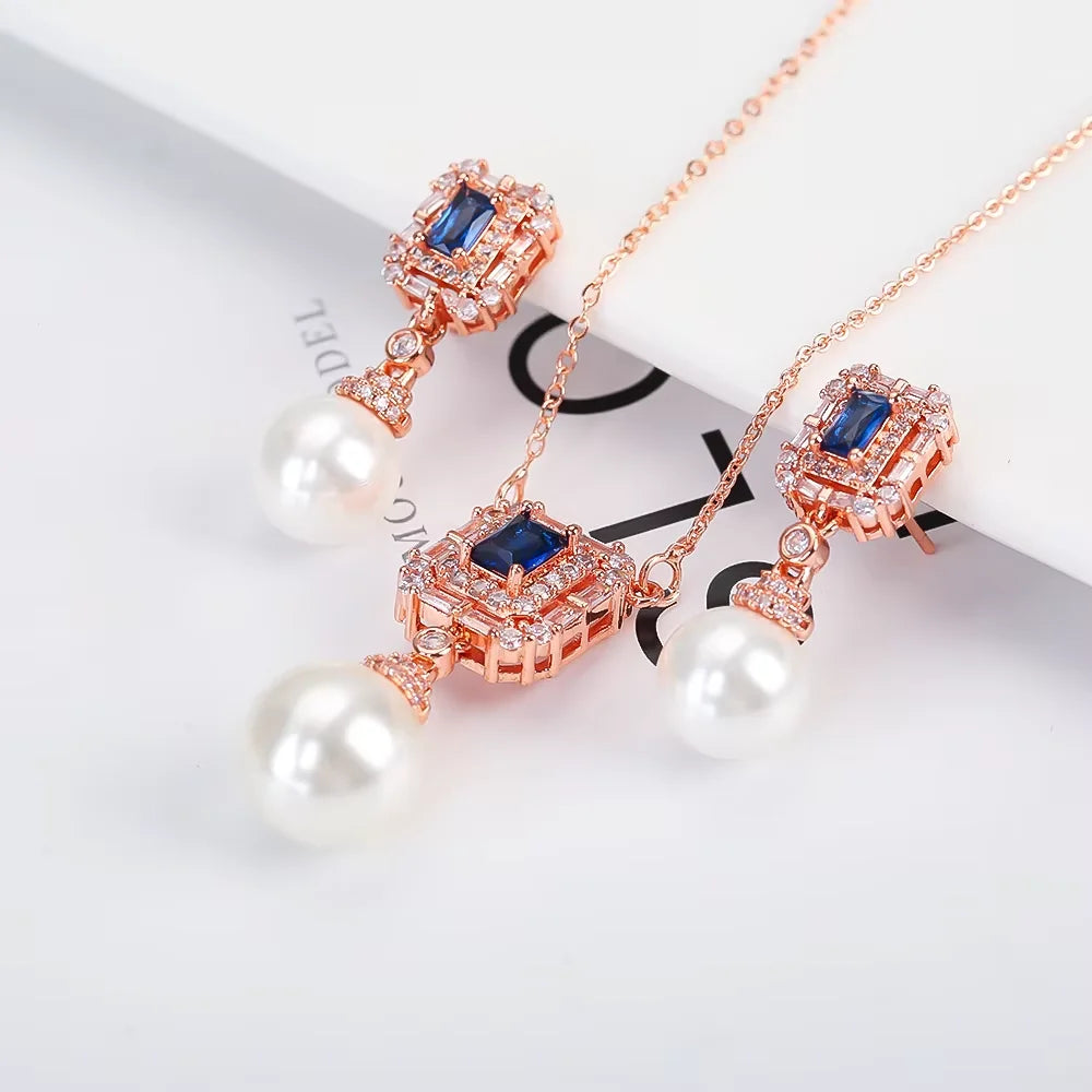 Luxury New Design Simple Irregular Pearl Classic Retro Pendant Necklace Earring Jewelry Set 18K Gold Plated Square Crystal Women