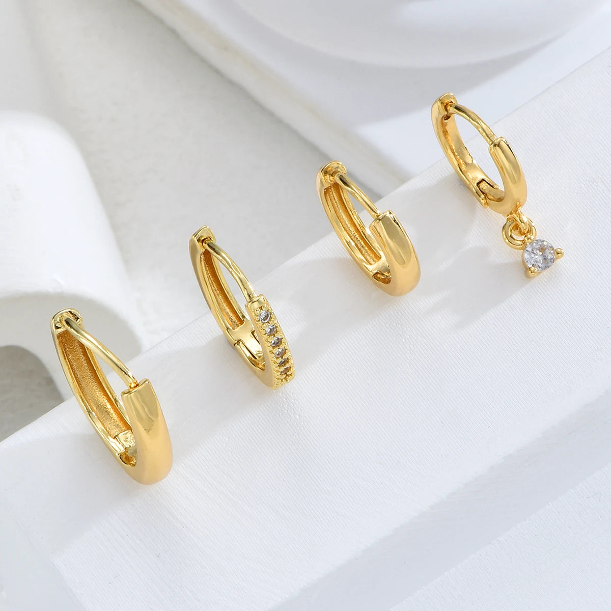 Luxury Gold-Plated Geometric Zircon Huggie Hoop Earrings Set, 4 Pcs/Set