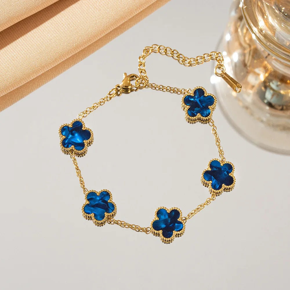 18k Gold Plated Lucky Five-Leaf Flower Stainless Steel Bracelet Women's Exquisite Five-Pointed Star Luxury Party Jewelry Gift