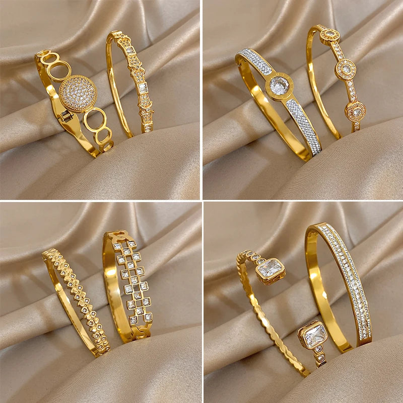 Stainless Steel Waterproof Shiny Zircon Geometric Stacked Cuff Bangle