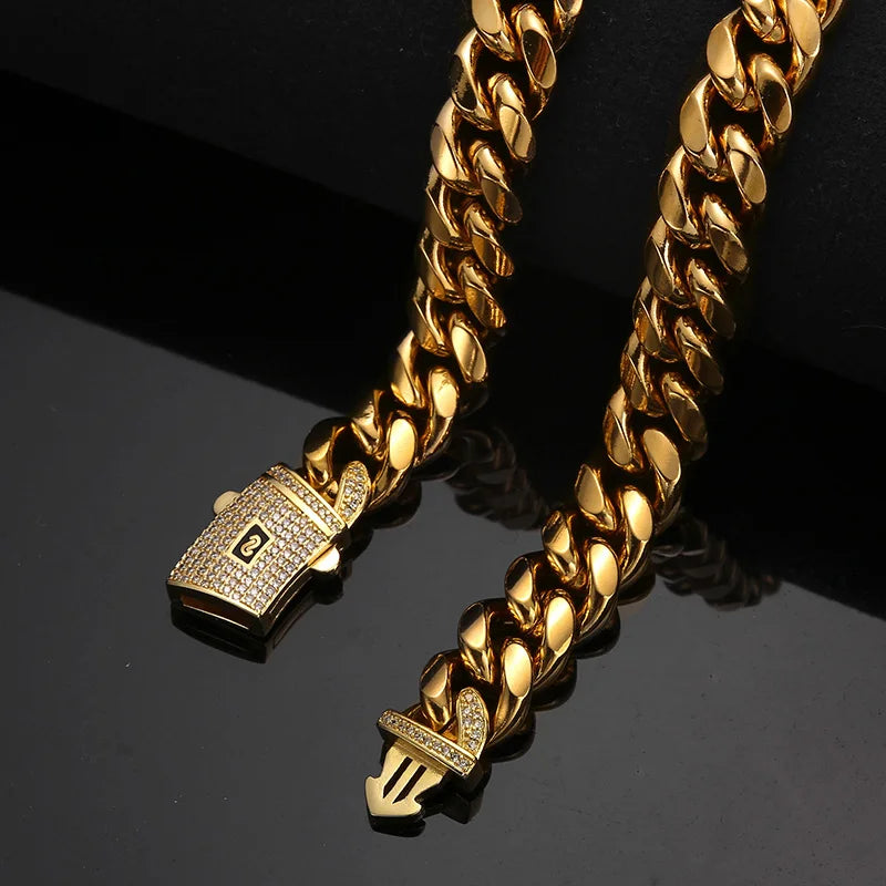 Gold Color Stainless Steel CZ Miami Cuban Chain Necklace
