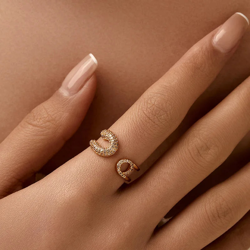 Personalized 18k Gold Plated Exquisite Zircon Ring with Opening Design European American Style Elegant Women Finger Ring
