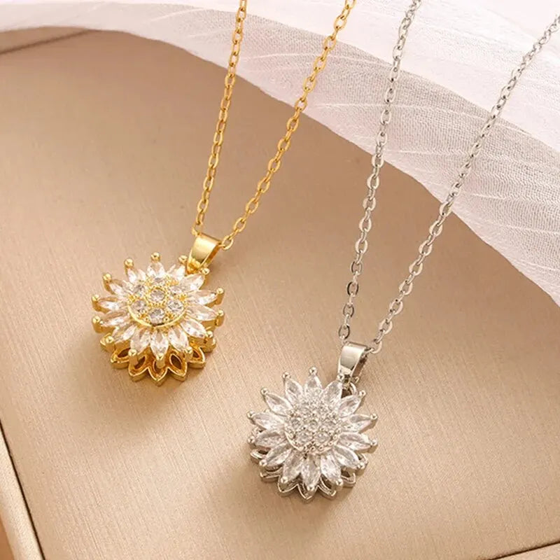 Trendy Rotating Spinner Sunflower Stainless Steel & Zircon Pendant Necklace