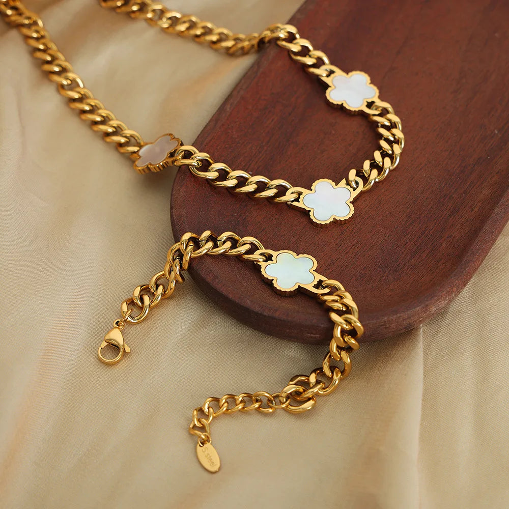 Stainless Steel New Hip Hop Plant Five Leaf Flower Set Shell Bracelet Necklace Women's Minimalist Cuban Chain Clover