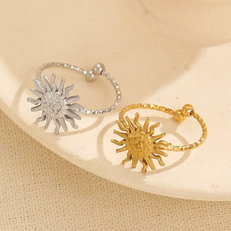 European and American Fashion Gold Stainless Steel Ring for Women, Light Luxury High-end Plated 18k Gold Sun Opening Ring
